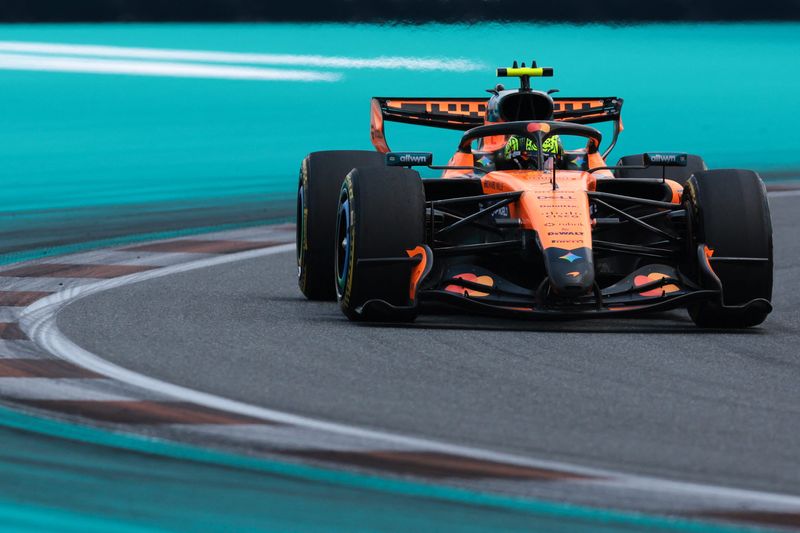 May 2, 2026; Miami Gardens, FL, USA; McLaren driver Lando Norris (1) during the F1 Miami Grand Prix Sprint Race at Miami International Autodrome. Mandatory Credit: Sam Navarro-Imagn Images