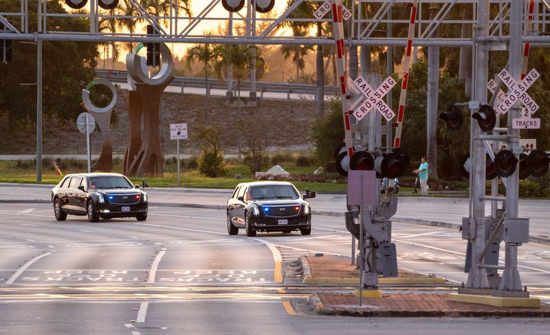 President Donald Trump's motorcade moves along Okeechobee Blvd., for his speech to the Forum Club of the Palm Beaches at the Kravis Center on May 1, 2026, in West Palm Beach, Florida.