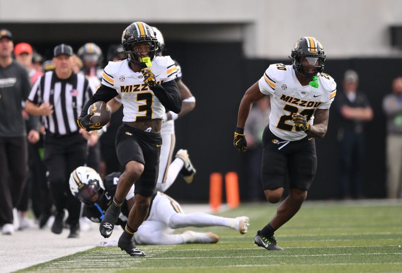 Oct 25, 2025; Nashville, Tennessee, USA; Missouri Tigers wide receiver Kevin Coleman Jr. (3) runs the football against the Vanderbilt Commodores during the second quarter at FirstBank Stadium. Mandatory Credit: Steve Roberts-Imagn Images