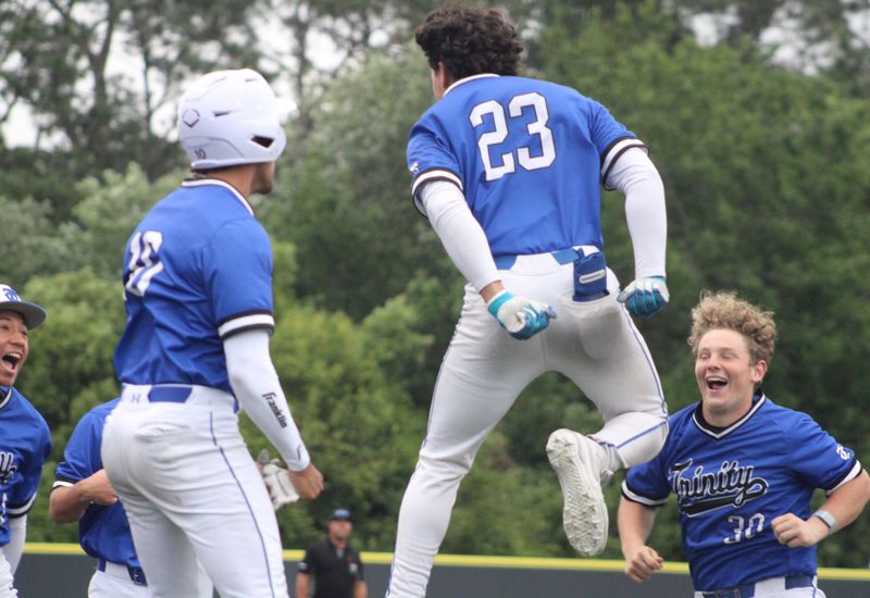 Trinity Christian shortstop Jordan Martinez (23) celebrates the second of his three home runs against Ocala Trinity Catholic during Game 2 of the FHSAA Region 1-2A high school baseball semifinal series on May 2, 2026. [Clayton Freeman/Florida Times-Union]