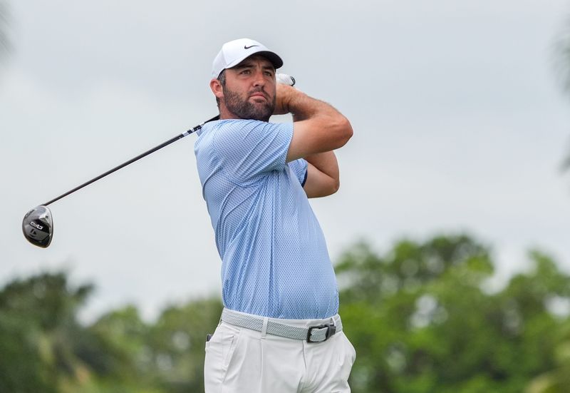 May 3, 2026; Miami, Florida, USA; Scottie Scheffler watches his tee shot on the second hole hole during the final round of the Cadillac Championship golf tournament. Mandatory Credit: Jeff Romance-Imagn Images