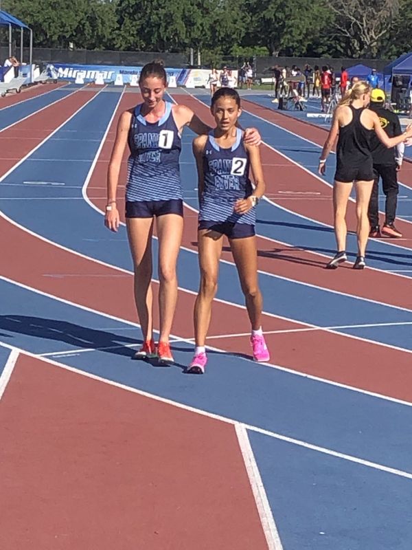Spanish River track and field's Alba Antunez-Perez (left) and Lailani Levy (right) compete at the regional championships in Miramar on May 2, 2026.