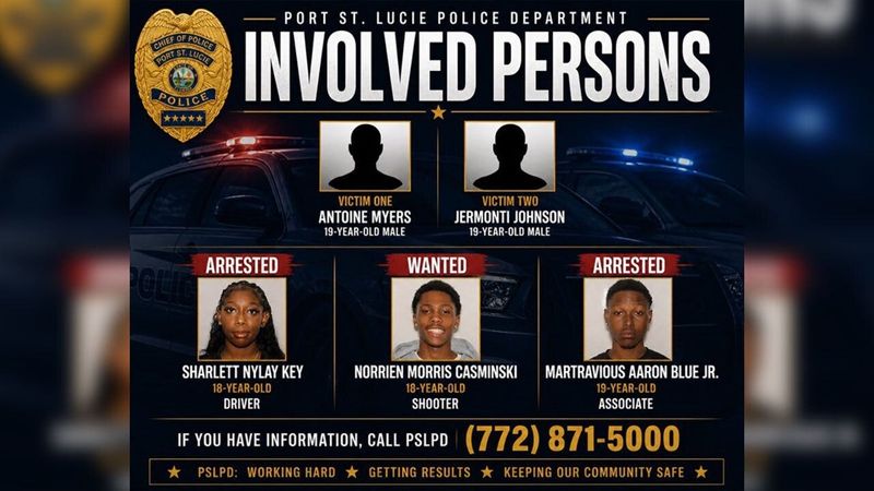 Two people have been arrested and a third is wanted in connection with a shooting that left two 19-year-old men from Georgia wounded the evening of May 2 in Port St. Lucie, police said. May 3, 2026, Port St. Lucie.