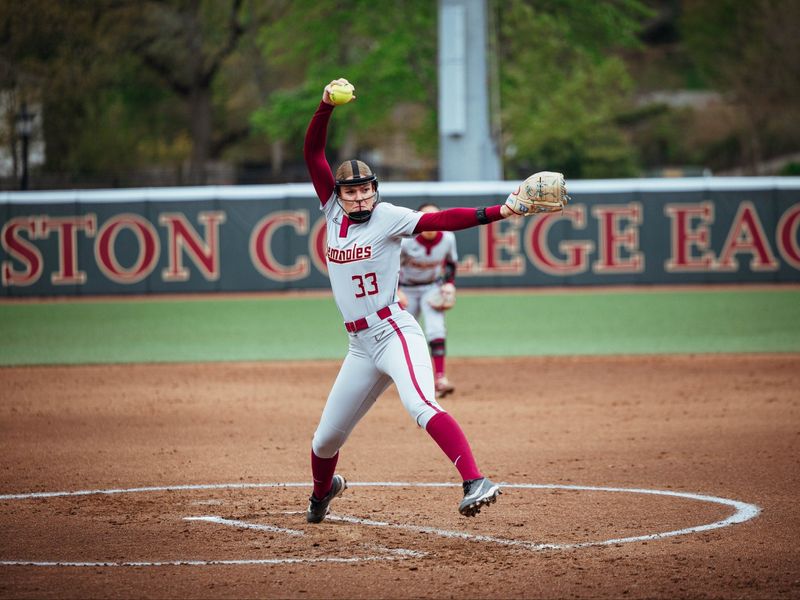 Bella Dimitrijevic attempts a pitch in the circle against Boston College on Sunday, May 3, 2026