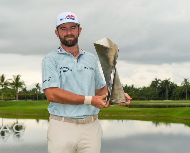 May 3: Cameron Young poses with the trophy after winning the Cadillac Championship.