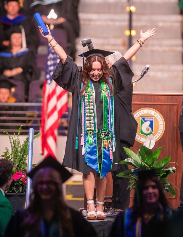 University of West Florida graduates celebrate during the UWF Spring Commencement at The Pensacola Bay Center Saturday, May 2, 2026