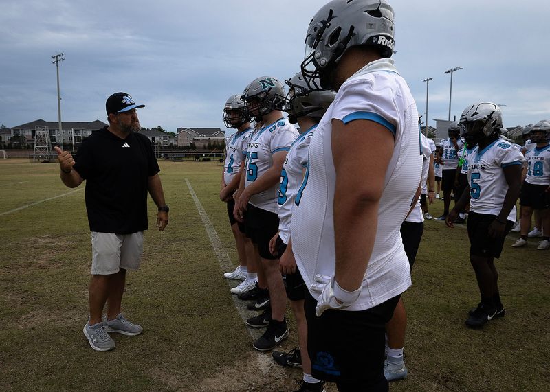 Jack Glover, North Bay Haven's head football coach, facilitates spring practice in Panama City, Florida, April 30, 2026. Glover coached at Marianna High last year. (Tyler Orsburn/Panama City News Herald)
