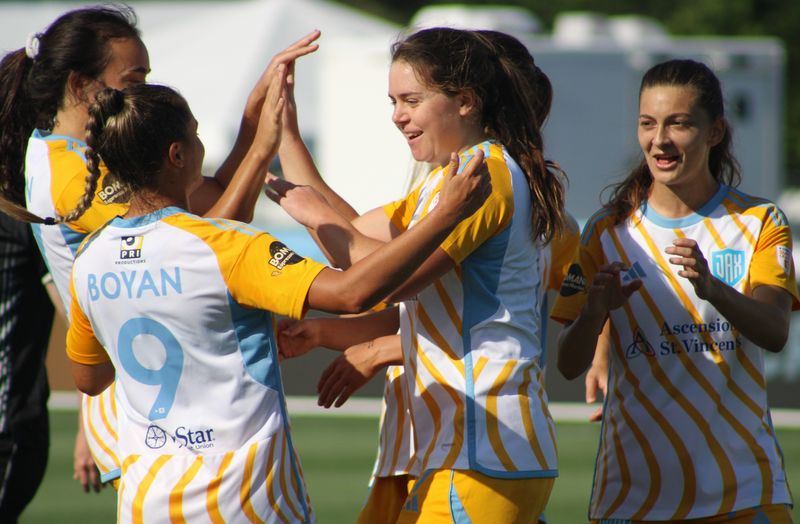 Sporting Club Jacksonville forward Baylee DeSmit (center) celebrates her first goal of the game with teammates including Abby Boyan (9) and Ashlyn Puerta (19) during a Gainbridge Super League women's soccer game against Brooklyn FC on May 3, 2026. [Clayton Freeman/Florida Times-Union]