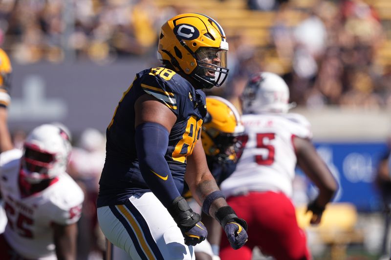 Oct 19, 2024; Berkeley, California, USA; California Golden Bears defensive lineman T.J. Bollers (88) reacts after a sack against the North Carolina State Wolfpack during the second quarter at California Memorial Stadium. Mandatory Credit: Darren Yamashita-Imagn Images