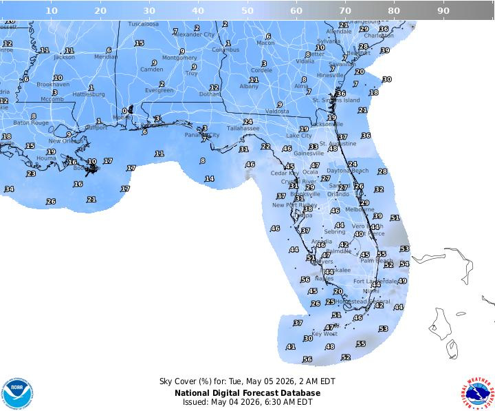 This graphic from the National Weather Service shows cloud cover in Florida for Tuesday, May 5 during the first night of 2026 peak activity for the Eta Aquarids meteor shower.