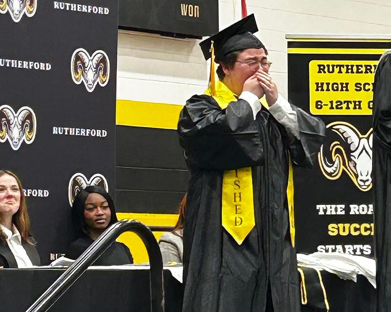 Sophia Cherek, a senior at Rutherford High School in Panama City, Florida, reacts to being awarded the Rhoda H. Molk Memorial Fund of Raymond James Charitable Scholarship during the school's senior recognition ceremony April 23, 2026. (Photo provided by the Bay Education Foundation)