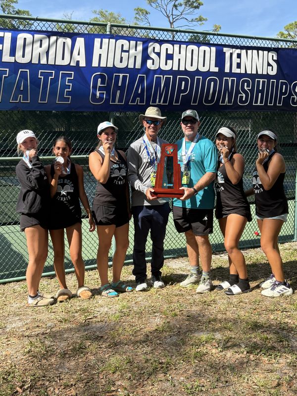 The Jensen Beach girls tennis team celebrates after taking runner-up honors during the Class 3A State Championships on Thursday, April 30, 2026 from Sanlando Park.