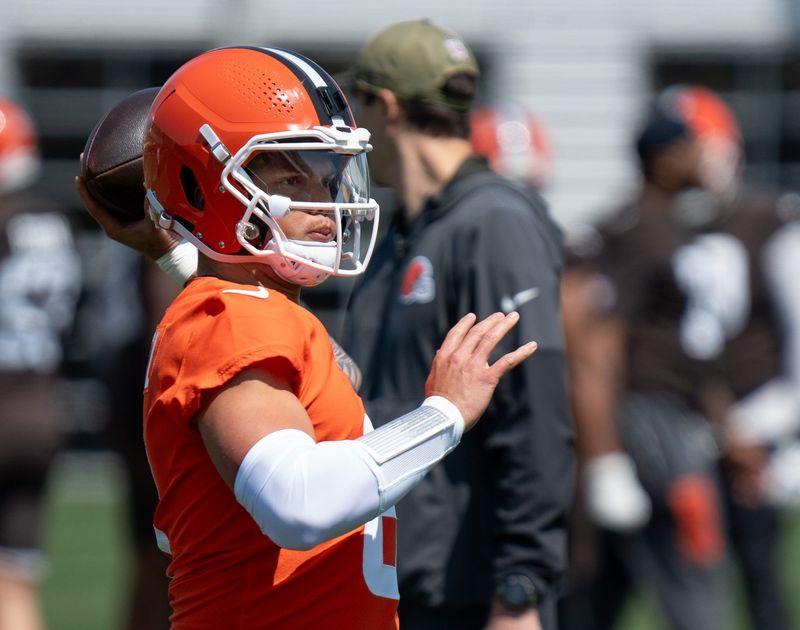 Dillon Gabriel, quarterback, throws the ball at the Browns mini camp in Berea on April 21, 2026.