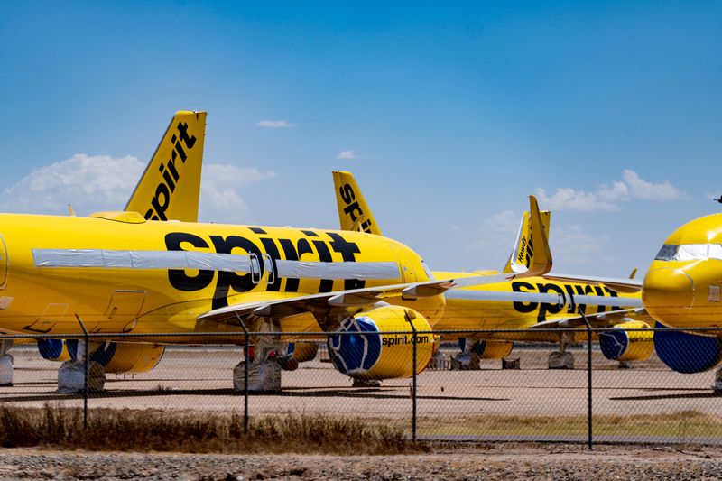 Out-of-service Spirit Airlines aircraft rest at Phoenix Goodyear Airport in Goodyear on May 2, 2026.