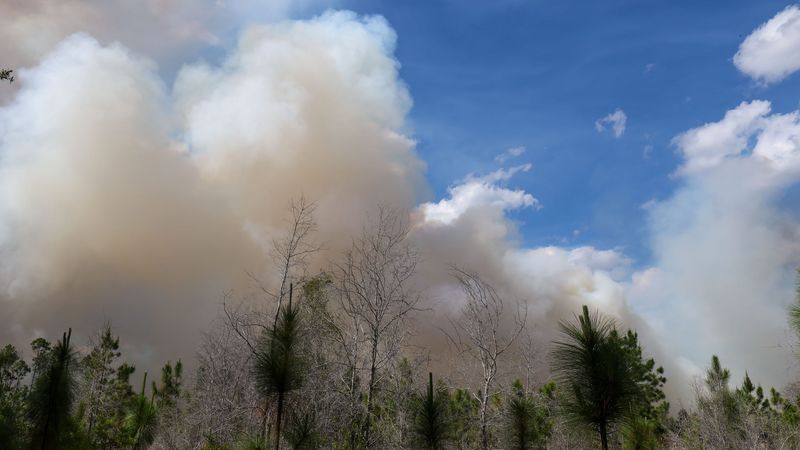Helicopters bring water as the Florida Forest Service battles a 100‑acre wildfire on May 4, 2026, near south County Road 325 and Southeast County Road 346 in Hawthorne. Crews also deployed ground equipment and aircraft to help contain the fire. Officials said no structures were immediately threatened.