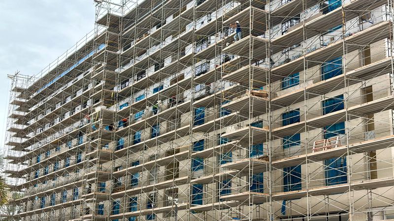 Construction continues in downtown Jacksonville, Fla. on May 1, 2026 of the first apartment building in Pearl Square, a development by Gateway Jax that will bring new construction across multiple blocks of vacant lots and empty buildings.