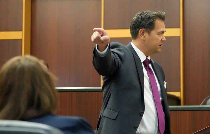 Thomas Stein’s defense attorney David Wheeler presents his closing argument to the jury. Stein was convicted Monday, May 4, 2026 of first-degree murder and three counts of attempted robbery in the death of 15-year-old Kayla Rincon-Miller.