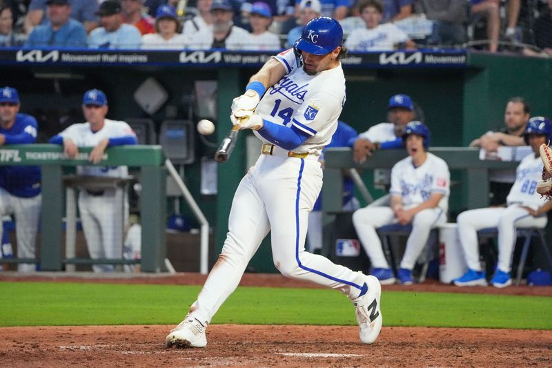 May 4, 2026; Kansas City, Missouri, USA; Kansas City Royals right fielder Jac Caglianone (14) hits a solo home run against the Cleveland Guardians during the sixth inning at Kauffman Stadium. Mandatory Credit: Denny Medley-Imagn Images
