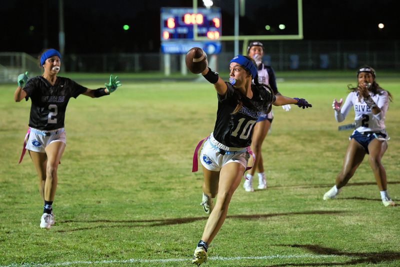 Park Vista's Ansley Hobson reaches across the goal-line for the go-ahead score late in a regional semifinal victory against Spanish River on May 4, 2026.