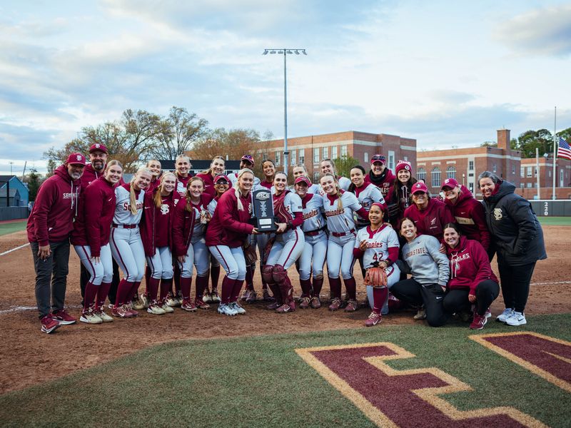 The FSU softball team celebrates winning the 2026 ACC regualr-season championship.