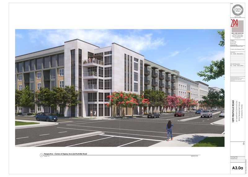 This rendering of the proposed 1899 Fruitville Road mixed use multifamily project shows the view from the intersection of Osprey Avenue and Fruitville Road.