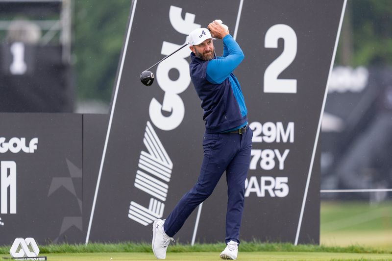 May 6, 2026; Sterling, Virginia, USA; Dustin Johnson hits a drive during the pro-am of LIV Golf Virginia golf tournament at Trump National Golf Club. Mandatory Credit: John (Jack) Power-Imagn Images