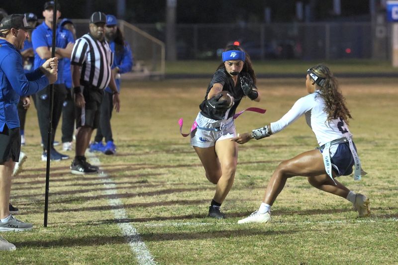 Park Vista's Tatiana Alicea fast dashes down the sideline to get the all important first down during a 12-7 regional semifinal win against Spanish River on May 4, 2026.