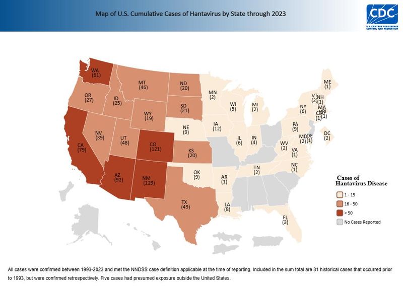 Cases of hantavirus by state between 1993 and 2023.