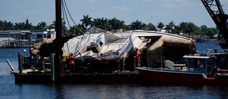 Boats destroyed in Hurricane Ian almost four years ago are finally getting removed from the Caloosahatchee River in North Fort Myers on Thursday, May. 7, 2026. They were docked at the former Old Bridge Marina.