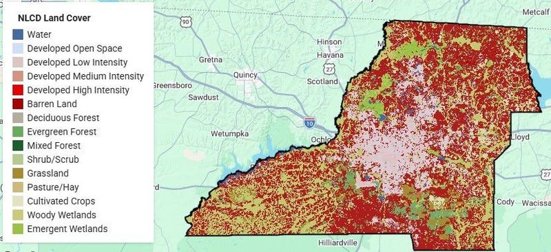 Land cover in Leon County, Florida, using the reliable National Land Cover Database (NLCD) in Google Earth Engine.