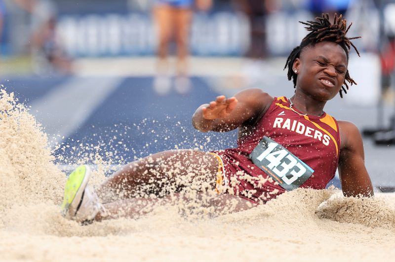 Glades Center’s E'Tesia Forbes competes in the long jump at UNF’s Hodges Stadium during the FHSAA Class 2A state track and field championships, Thursday, May 7, 2026 in Jacksonville, Fla. [Corey Perrine/Florida Times-Union]