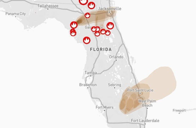 Wildfires continue to burn in Florida, spreading smoke and affecting visibility on some roads May 8, 2026.