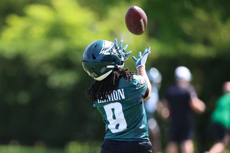 May 1, 2026; Philadelphia, PA, USA; Philadelphia Eagles wide receiver Makai Lemon (9) runs drills during rookie minicamp at NovaCare Complex. Mandatory Credit: Bill Streicher-Imagn Images