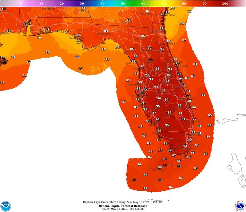 High temperatures in Florida for Mother's Day, May 10, 2026, range from the low 80s to the mid 90s.