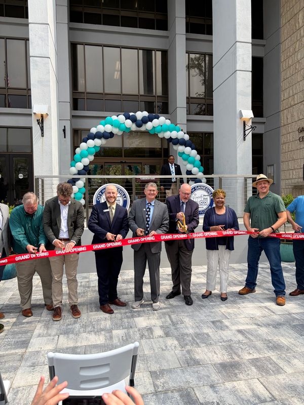 Gainesville city officials cut the ribbon on May 8, 2026, for the newly renovated City Hall Plaza.