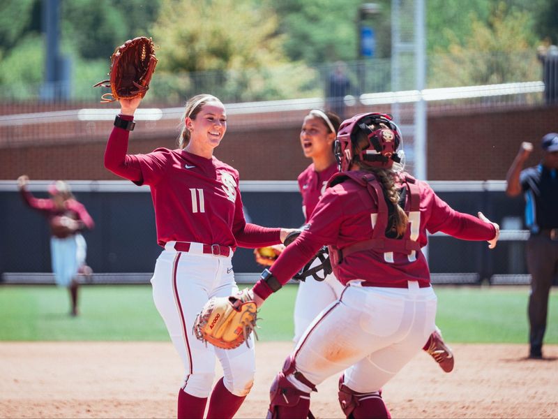 Ashtyn Danley celebrates with her Florida State teammates after beating Stanford, 9-0, in the ACC semifinals on Friday, May 8, 2026.