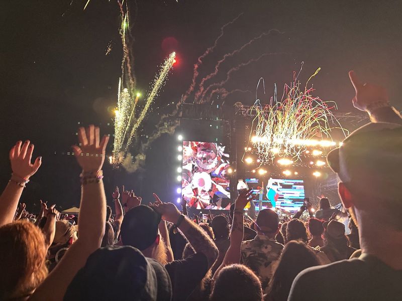 Fireworks light up the sky above the Apex Stage, where The Offspring played before a large crowd at Welcome to Rockville in Daytona Beach on May 8, 2026.