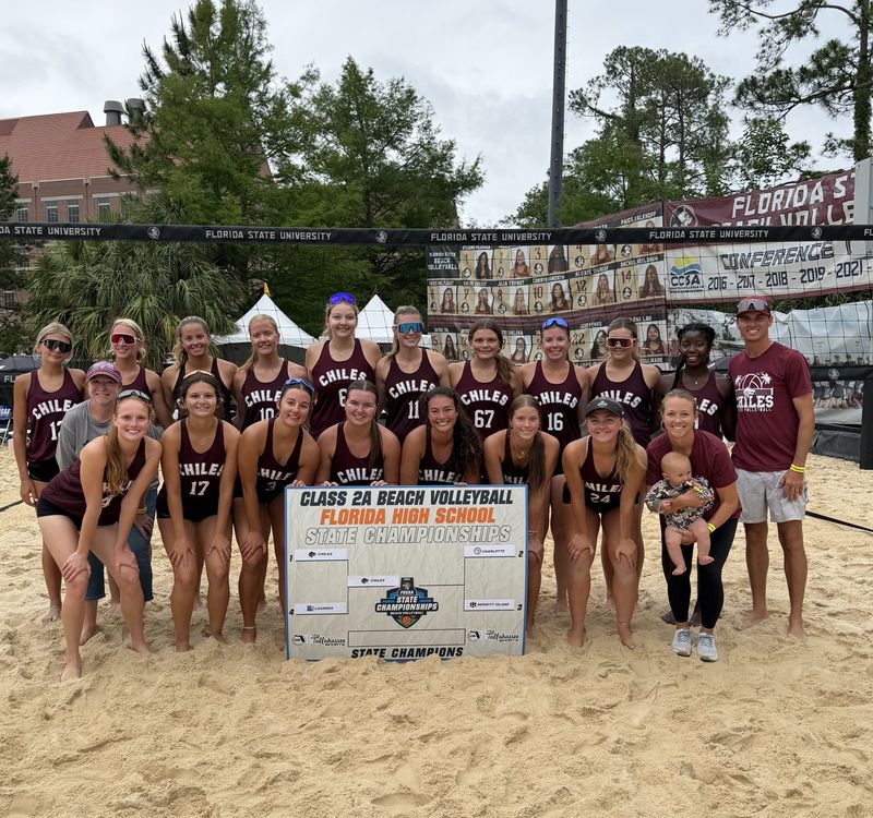 Chiles High School beach volleyball team takes a group photo after advancing to the state championship at Florida State University