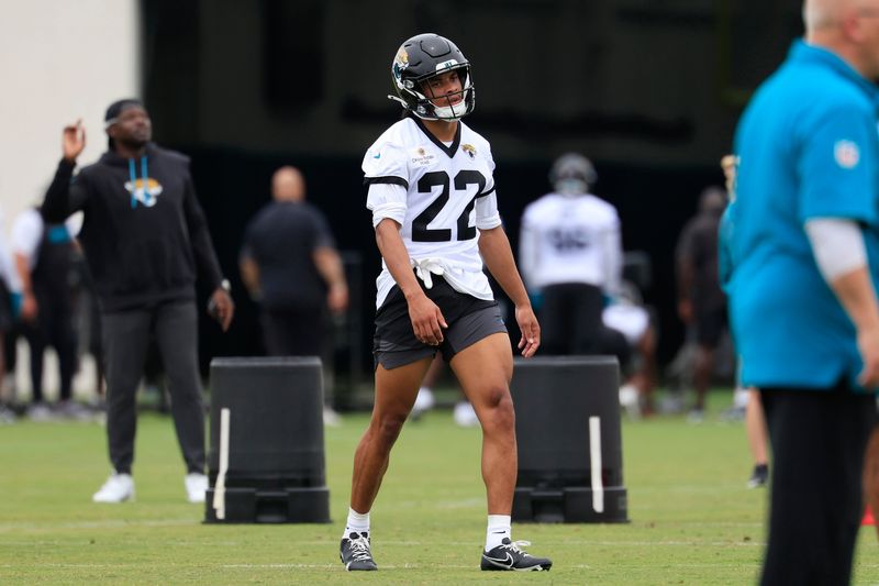 Jacksonville Jaguars safety Jalen Huskey (22) looks on during rookie minicamp at the Miller Electric Center, Saturday, May 9, 2026 in Jacksonville, Fla. Today was the second of a three day camp concluding Sunday.