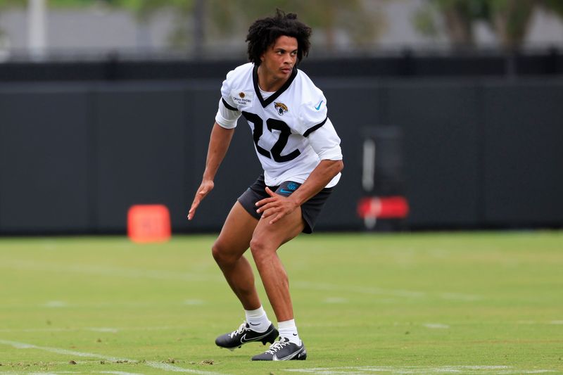 Jacksonville Jaguars safety Jalen Huskey (22) drills during rookie minicamp at the Miller Electric Center, Saturday, May 9, 2026 in Jacksonville, Fla. Today was the second of a three day camp concluding Sunday.