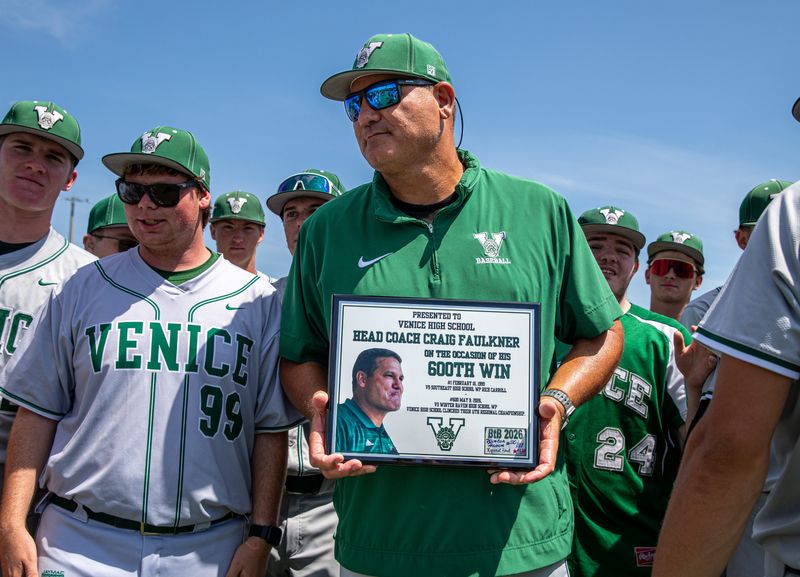 Venice won the Region 7A-2 final series over Winter Haven with a 6-0 victory on Saturday, May 9, 2026. The Indians acknowledged head coach Craig Faulkner's 600th win after the game.