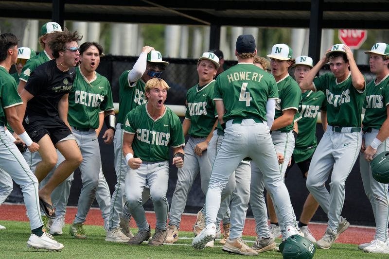Members of the St. John Neumann baseball team react after a Roman Howery home run. The St. John Neumann Celtics baseball team faced Canterbury School to play in the Class 1A-Region 3 final series Saturday, May 9, 2026 in Fort Myers. The teams split Saturday’s doubleheader. But Neumann came away with the overall series victory winning two of the three games.