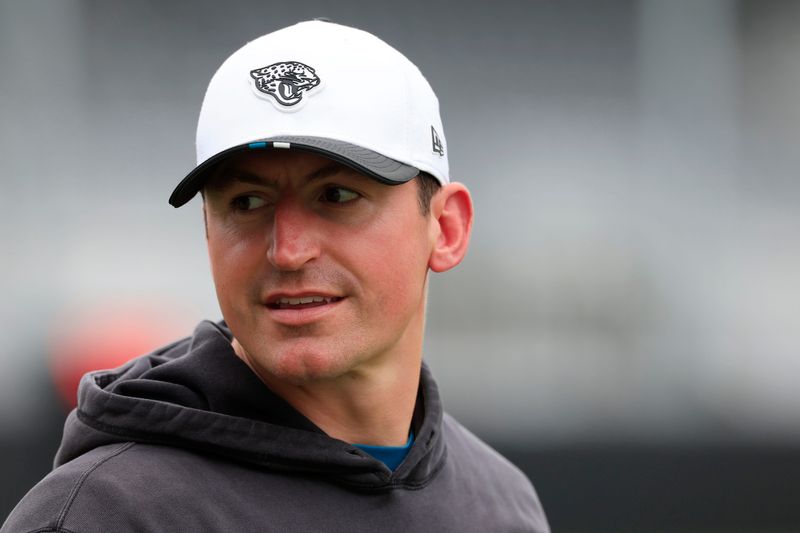 Jacksonville Jaguars offensive coordinator Grant Udinski looks on during rookie minicamp at the Miller Electric Center, Saturday, May 9, 2026 in Jacksonville, Fla. Today was the second of a three day camp concluding Sunday.