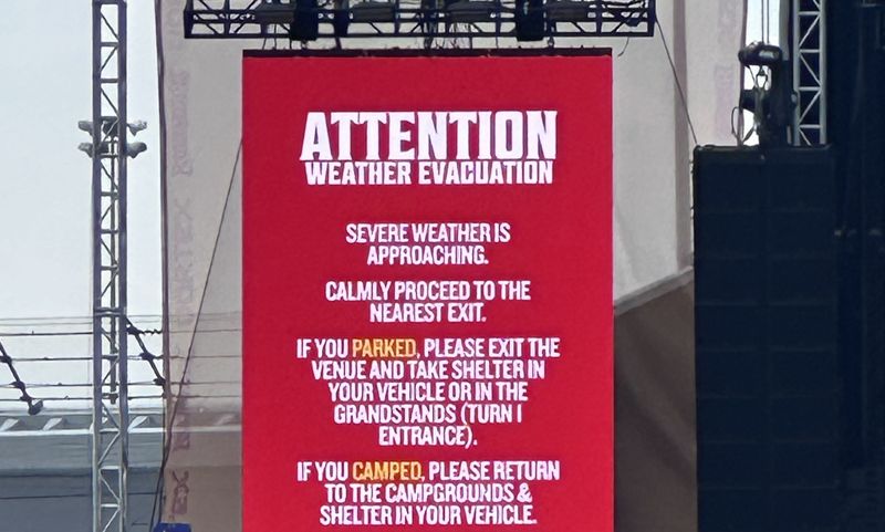 Welcome to Rockville at Daytona International Speedway was under yet another evacuation due to severe weather in the area on Sunday, May 10, 2026.