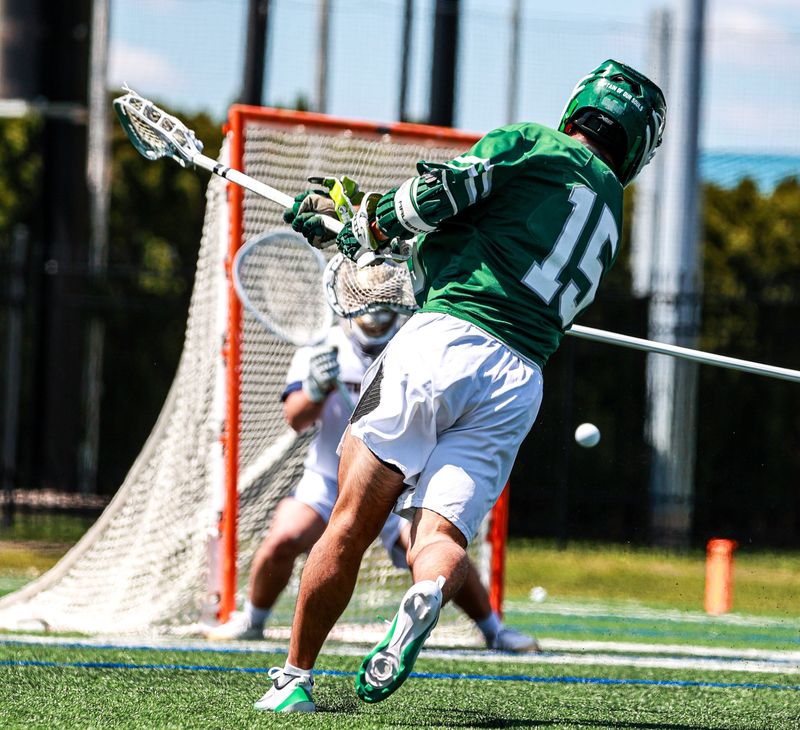 Jack Taylor of the Jacksonville University men's lacrosse team takes a shot at the Notre Dame net during their NCAA Tournament game on May 10 at Arlotta Stadium in South Bend, Ind. No. 2-ranked Notre Dame defeated the Dolphins 18-5.