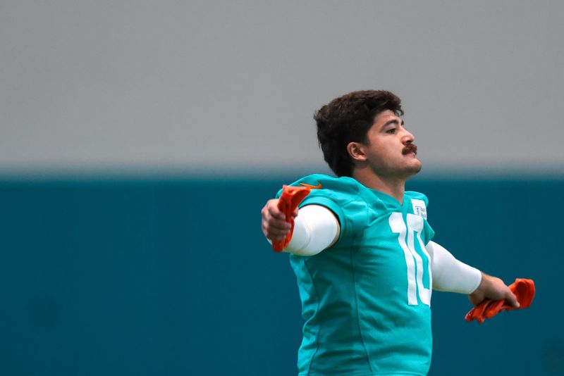May 8, 2026; Miami Gardens, FL, USA; Miami Dolphins inside linebacker Jacob Rodriguez (10) works during rookie minicamp at Baptist Health Training Complex. Mandatory Credit: Sam Navarro-Imagn Images