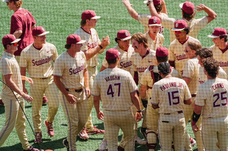 Carter McCulley celebrates a home run with his Florida State baseball teammates in a win over Clemson on Sunday, May 10, 2026 at Doug Kingsmore Stadium.