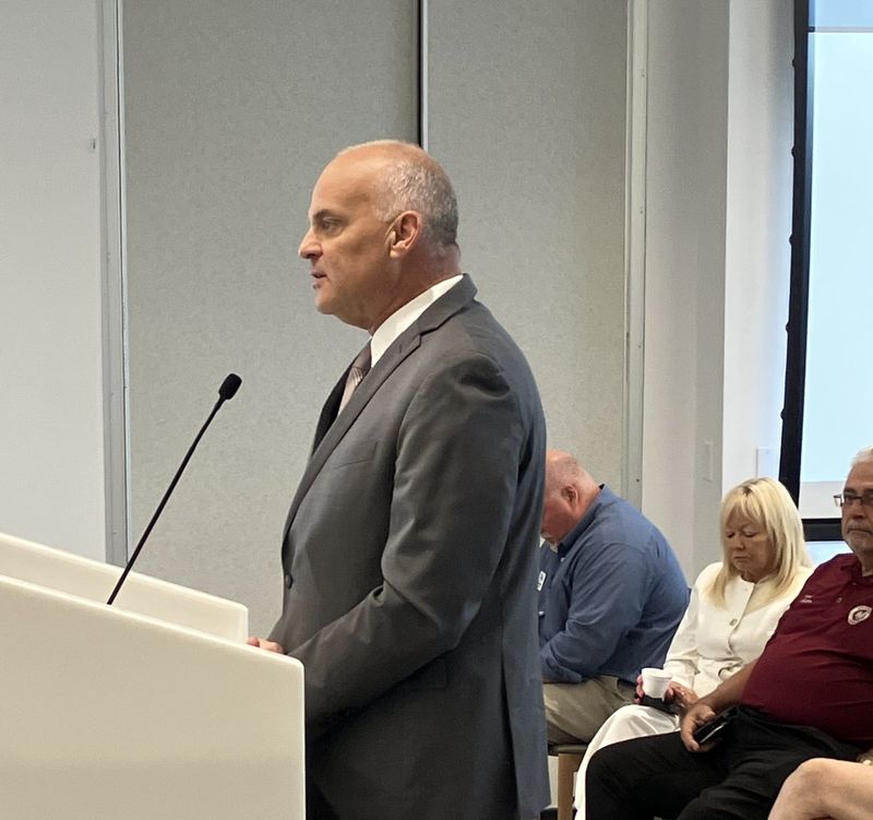 Volusia County Emergency Management Director Clint Mecham speaks to the Volusia County Elected Officials Roundtable on May 11 at the Daytona Beach International Airport.