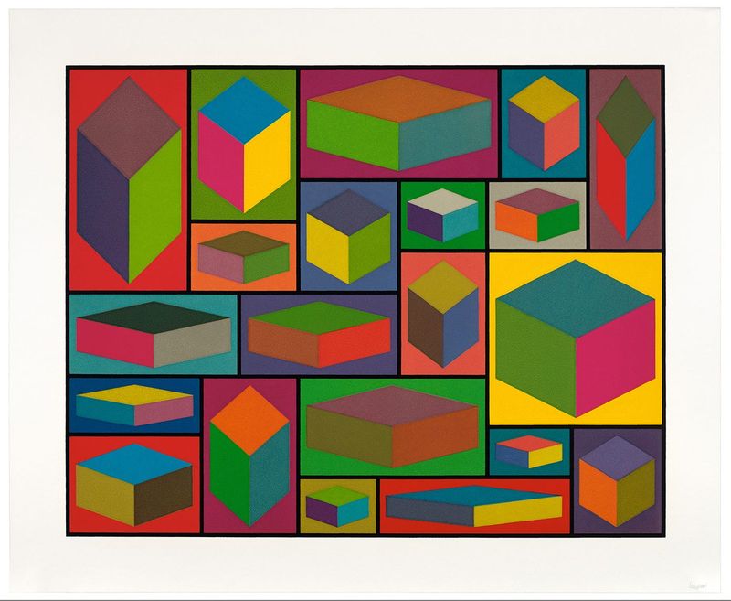 Sol LeWitt (1928–2007). Distorted Cubes, Plate #04, 2001. Linocut, 28 x 35 1/2 in. New Britain Museum of American Art, Gift of Sol LeWitt © Estate of Sol LeWitt 2025.
