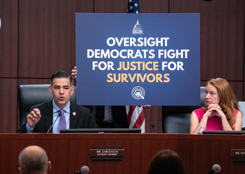 Congressman Robert Garcia (D-CA) make comments during a Palm Beach Field Hearing with Oversight Democrats in West Palm Beach City Hall Tuesday morning May 12, 2026. Congresswoman Melanie Stansbury is seated at right.